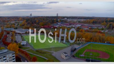Aerial View Over Soccer Field In Central Stockholm, Sweden - Video Drone Footage