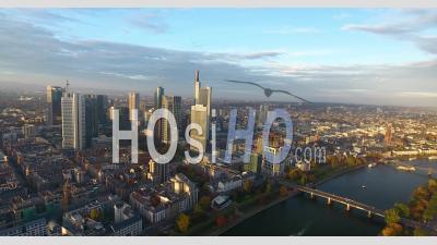 Aerial View Of Frankfurt On Sunset - Video Drone Footage