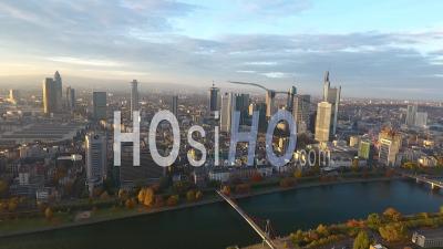 Aerial View Of Frankfurt On A Sunset - Video Drone Footage