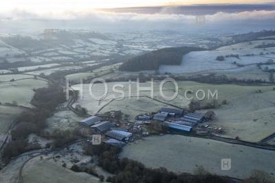 Frosty British Countryside Fields At Sunrise - Drone Point Of View - Photographie Aérienne