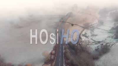 Frosty Fog Over Rural Britain At Autumn - Video Drone Footage