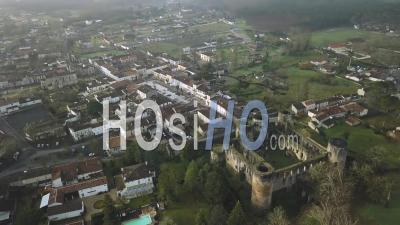 Aerial View Of Villandraut Medieval Fortified Castle In Winter - Aerial Video By Drone 