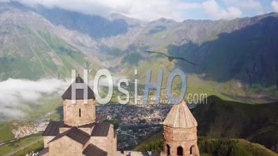 2019 - Aerial Video Of The Gergeti Monastery And Church Overlooking The Caucasus Mountains In The Republic Of Georgia - Video Drone Footage