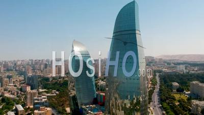 Aerial Video Of Baku Capital Of Azerbaijan With Unique Architecture Of Baku Flame Towers - Video Drone Footage