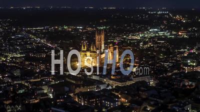 Historic Canterbury, Kent, United Kingdom, Unesco World Heritage Site At Night Evening - Video Drone Footage
