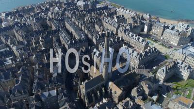 The Cathedral Saint-Vincent In The Intra Muros Saint-Malo City At Day16 Of Covid-19 Outbreak, France - Video Drone Footage