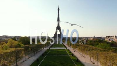 Medium Altitude Wide Angle Sight Of Eiffel Tower During The Quarantine Of Paris, Drone Point Of View