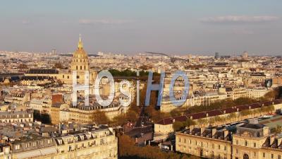 Invalides Monument, Rooftops Of Paris And Empty Avenues Around Eiffel Tower During The Quarantine Of Paris, Drone Point Of View