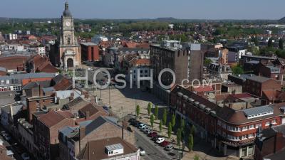 Empty City Of Lens During Lockdown Due To Covid-19 - City Hall And Beffroi - Video Drone Footage