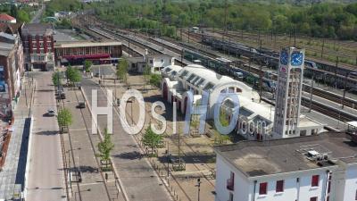 Empty Train Station Of Lens During Lockdown Due To Covid-19 - Video Drone Footage