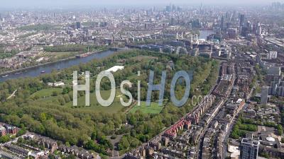 Battersea Power Station, Battersea Park And River Thames During Covid-19 Lockdown, London Filmed By Helicopter