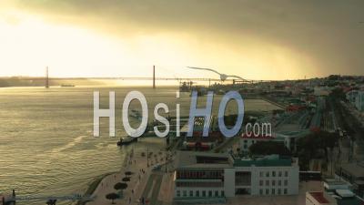 Lisbon, View Of The Tagus River And The 25 April Bridge - Video Drone Footage