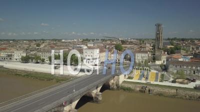 Libourne City, Stone Bridge Over The Dordogne River - Video Drone Footage