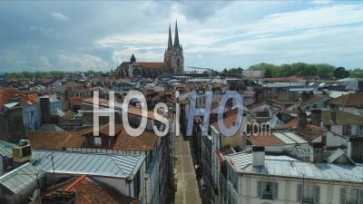 View From Bayonne Port Neuf Street And The Cathedral Sainte Marie During Covid-19 Lockdown, France - Video Drone Footage