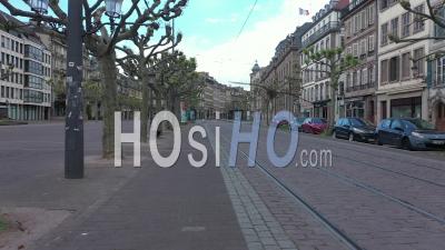 Empty City Of Strasbourg During Lockdown Due To Covid-19 - May 1st 2020, Labor Day - Place Broglie - Tram - Video Drone Footage