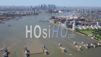 Thames Barrier And River Thames Looking Towards City Of London, During Covid-19 Lockdown, London Filmed By Helicopter