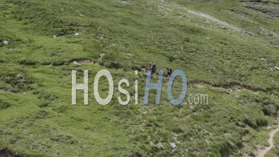 Mountaineers Trekking In The Middle Of The Mountains Viewed By Drone