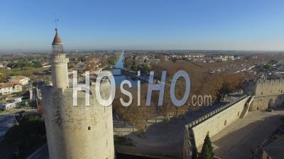 Tower Of Constance And The City Wall At Aigues-Mortes, France, Video Drone Footage