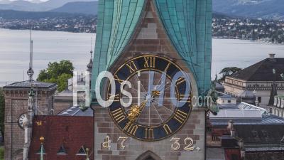 Aerial View Shot Of Zurich, Amazing Fraumunster Clock, Switzerland - Video Drone Footage