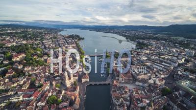 Aerial View Shot Of Zurich, Wide Establishing, Old Town, Switzerland - Video Drone Footage