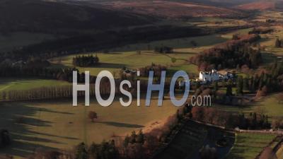 The White Castle Of Blair Atholl In The Core Of The Cairngorms National Park In Scotland - Aerial Shot - Video Drone Footage