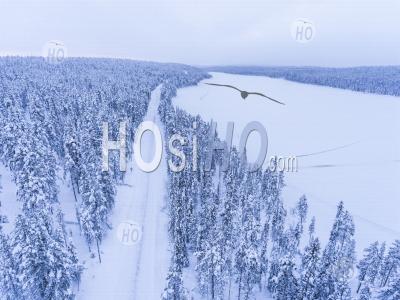 Dangerous, Icy Winter Roads In Bad, Slippery, Ice And Snow Covered Driving Conditions - Aerial Photography