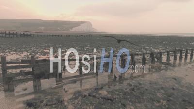 Seven Sisters Cliffs At Sunset, South Downs National Park, England. Aerial Drone View