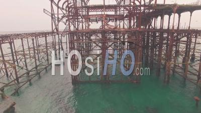 Burnt Old West Pier In Brighton, Sussex, England. Aerial Drone View