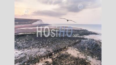 The Seven Sisters Chalk Cliffs, South Downs National Park, East Sussex, England, United Kingdom, Europe - Aerial Photography
