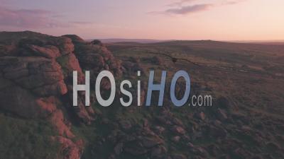 Tor In Dartmoor National Park At Sunset, Devon, England, Uk. Aerial Drone View