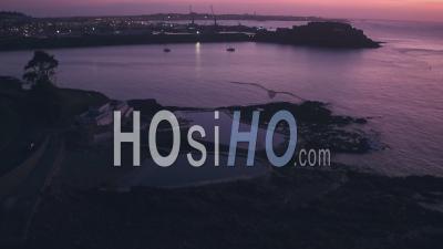 Guernsey Tidal Bathing Pools With Cornet Castle Behind At Sunrise, Channel Islands, Uk. Aerial Drone View