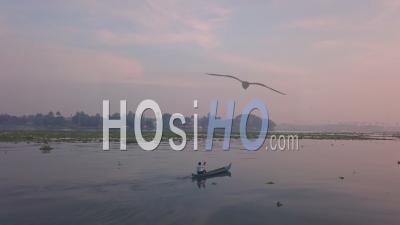Fishing Boat At Sunrise In Fort Kochi, India. Low Aerial Drone
