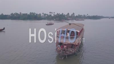 Houseboat Tour In Kerala Backwaters At Alleppey In India. Aerial Drone View