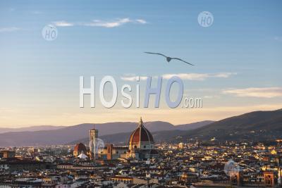 View Over Florence Cathedral At Sunset, Seen From Piazzale Michelangelo Hill, Tuscany, Italy