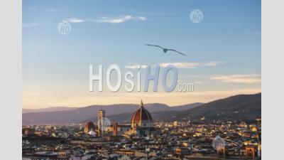 View Over Florence Cathedral At Sunset, Seen From Piazzale Michelangelo Hill, Tuscany, Italy