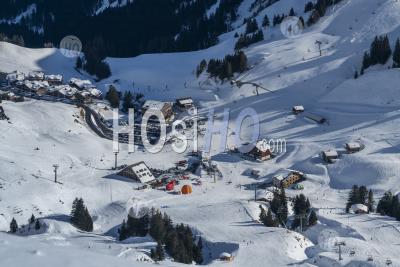 Avoriaz Ski Resort Area And Ski Slopes In The Alps Mountains, France, Europe