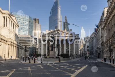 Royal Exchange And Bank Of England With Empty Roads And Quiet Streets With Almost No People During The Coronavirus Pandemic Covid-19 Lockdown, Taken At Rush Hour, City Of London, England, Europe
