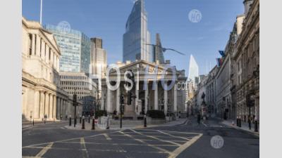 Royal Exchange And Bank Of England With Empty Roads And Quiet Streets With Almost No People During The Coronavirus Pandemic Covid-19 Lockdown, Taken At Rush Hour, City Of London, England, Europe