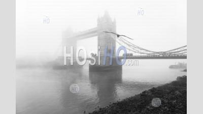 Noir Et Blanc Tower Bridge Et London Bus Roulant Sur La Tamise Dans Le Brouillard Et L'atmosphère Brumeuse, Moody Weather Sur Coronavirus Covid-19 Lockdown Day One, England, Uk