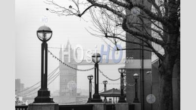 Black And White Tower Bridge, Iconic London City Landmark In Foggy Atmospheric Weather, London City Centre On Coronavirus Covid-19 Lockdown Day One, England, Uk