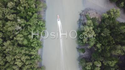 Aerial View Tracking Fishing Boat In The Mangrove Forest. - Video Drone Footage