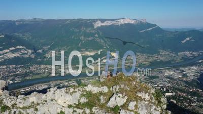 Le Neron, Vertiginous Summit In The Chartreuse With Trekker, France, Drone Point Of View