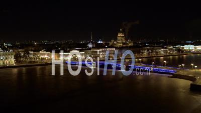 View Of The Neva River, Palace Bridge At Night - Video Drone Footage
