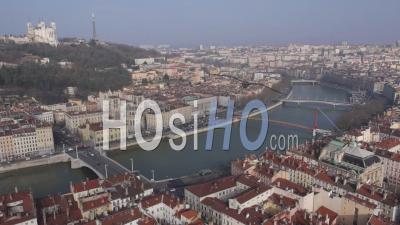 Fourviere Hill And The River Saone By Drone, Lyon City Centre, France 
