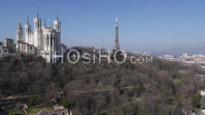 Basilica Church Of Notre Dame De Fourviere By Drone On A Sunny Day In Lyon, France