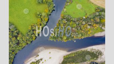  Autumn View Of Confluence Of River Tay And River Tummel At Ballinluig. River Tay And River Tummel Are Two Of Scotland's Foremost Salmon Rivers. Scotland, Uk - Aerial Photography