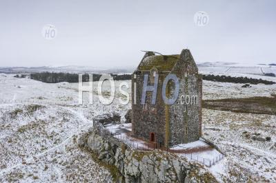 Aerial View Of Smailholm Tower Near Kelso In The Scottish Borders During Winter Snow, Scotland, Uk T - Aerial Photography