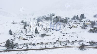 Aerial View Of Wanlockhead Village Covered In Winter Snow, Dumfries And Galloway, Scotland, Uk - Aerial Photography