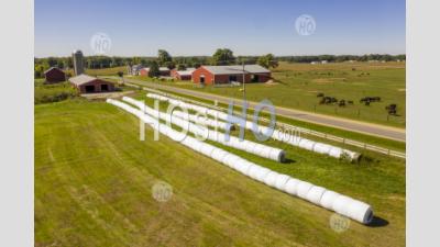 Hay Stored On Michigan Farm - Aerial Photography