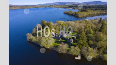 Aerial View Of Inchmahome Priory On Inchmahome Island On The Lake Of Menteith In Stirlingshire, Scotland, Uk - Aerial Photography